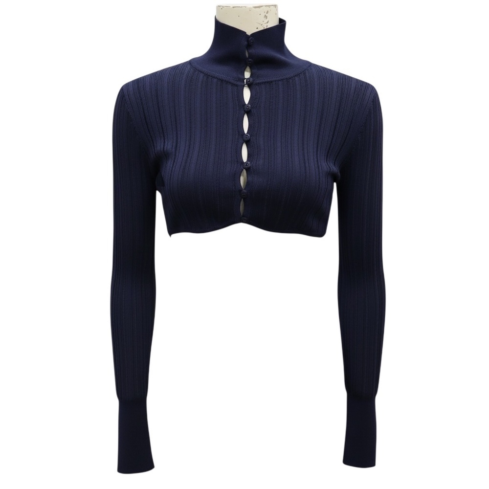 ALAIA NAVY BLUE CROPPED SHINY CRINOLINE CARDIGAN SWEATER